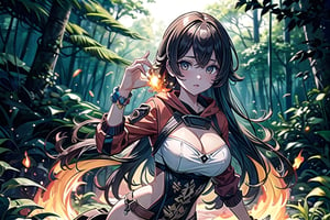 Masterpiece, 1girl, background forest, perfect body, with fame in one hand, particle of fire around, high details, sexy girl