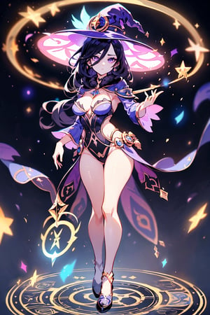 (((Standing in the middle of a magic circle lights around floating hair flying, invoking magic))), moonlight, (((long black-hair))), ((light purple eyes)), ((1 sexy girl)), large breasts, best quality, extremely detailed, HD, 8k, 1girl, background forest darkness with lights, mona_(genshin_impact), background high detailed, mona_(genshin_impact), with magic hat, witches_hat, hair highest detailed, flower and lefts around, loose hair, eyes detailed, eyes highest detailed, eyes perfect, face with detailed, face beautiful ,glitter,more detail, full_body 