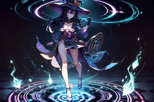 (((Standing in the middle of a magic circle lights around floating hair flying, invoking magic))), moonlight, (((long black-hair))), ((light purple eyes)), ((1 sexy girl)), large breasts, best quality, extremely detailed, HD, 8k, 1girl, background forest darkness with lights, mona_(genshin_impact), background high detailed, mona_(genshin_impact), with magic hat, witches_hat, hair highest detailed, flower and lefts around, loose hair, eyes detailed, eyes highest detailed, eyes perfect, face with detailed, face beautiful ,glitter,more detail, full_body 