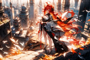 sweet girl, white clothes, red hair, red eyes, suite black, sexy suite, perfect body, full body, long_hair, background high details, background city in ruins, fire particuls, atmosphere magic, socks red,1 girl, bird’s eye view