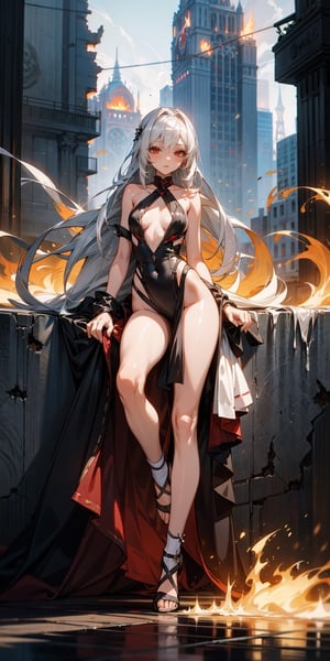 sweet girl, white clothes, white hair, red eyes, suite black, sexy suite, perfect body, full body, long_hair, background high details, background city in ruins, fire particuls, atmosphere magic, naked_socks 