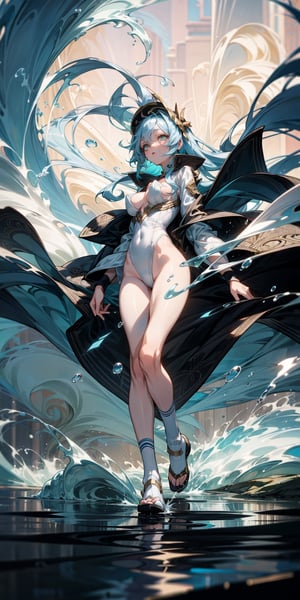 sweet girl, white clothes, blue hair, golden eyes, suite black, sexy suite, perfect body, full body, long_hair, background high details, background tsunami, water particuls, atmosphere magic, naked_socks 