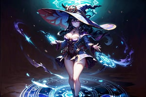 (((Standing in the middle of a magic circle lights around floating hair flying, invoking magic))), moonlight, (((long black-hair))), ((light purple eyes)), ((1 sexy girl)), large breasts, best quality, extremely detailed, HD, 8k, 1girl, background forest darkness with lights, mona_(genshin_impact), background high detailed, mona_(genshin_impact), with magic hat, witches_hat, hair highest detailed, flower and lefts around, loose hair, eyes detailed, eyes highest detailed, eyes perfect, face with detailed, face beautiful ,glitter,more detail, full_body, body complete , hands detailed