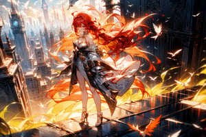 sweet girl, white clothes, red hair, red eyes, sexy suite, perfect body, full body, long_hair, background high details, background city in ruins, fire particuls, atmosphere magic, socks red,1 girl, bird’s eye view