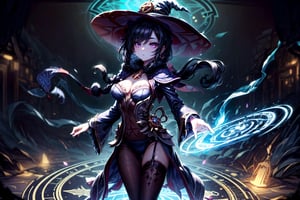 (((Standing in the middle of a magic circle lights around floating hair flying, invoking magic))), moonlight, (((long black-hair))), ((light purple eyes)), ((1 sexy girl)), large breasts, best quality, extremely detailed, HD, 8k, 1girl, background forest darkness with lights, mona_(genshin_impact), background high detailed, mona_(genshin_impact), with magic hat, witches_hat, hair highest detailed, flower and lefts around, loose hair, eyes detailed, eyes highest detailed, eyes perfect, face with detailed, face beautiful ,glitter,more detail, full_body, body complete , hands detailed, panty_hose dark with details golden, joint plan