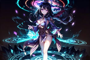 (((Standing in the middle of a magic circle lights around floating hair flying, invoking magic))), moonlight, (((long black-hair))), ((light purple eyes)), ((1 sexy girl)), large breasts, best quality, extremely detailed, HD, 8k, 1girl, background forest darkness with lights, mona_(genshin_impact), background high detailed, mona_(genshin_impact), with magic hat, witches_hat, hair highest detailed, flower and lefts around, loose hair, eyes detailed, eyes highest detailed, eyes perfect, face with detailed, face beautiful ,glitter,more detail, full_body, body complete 