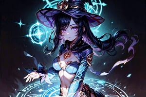 (((Standing in the middle of a magic circle lights around floating hair flying, invoking magic))), moonlight, (((long black-hair))), ((light purple eyes)), ((1 sexy girl)), large breasts, best quality, extremely detailed, HD, 8k, 1girl, background forest darkness with lights, mona_(genshin_impact), background high detailed, mona_(genshin_impact), with magic hat, witches_hat, hair highest detailed, flower and lefts around, loose hair, eyes detailed, eyes highest detailed, eyes perfect, face with detailed, face beautiful ,glitter,more detail, full_body, body complete 