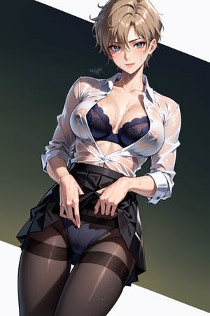 (masterpiece, best quality:1.3), highres, female_solo, mature_female, haruka, aakusanagi, short hair, blonde hair, blue eye, large breasts, smile, makeup, eye shadow, (white_soked_shirt:1.5), open shirt, Shirt open to reveal breasts and blue bra, standing, (skirt lifted:1.3) to reveal panties ( under black pantyhose), The buttons of the skirt were unbuttoned, in class room, heavy sweating, body and cloth are soaked, wet_shirt, blue lace bra Under the soaked shirt i, miniskirt, black stockings, (dark blue thong:0.6), very low angle shot, low angle perspective , NonoharaMikako, , panties pulled aside to reveal vulva, closeup crotch, (black pantyhose:1.5), very low shot, low perspective, leg cross, , , , , ,haruka