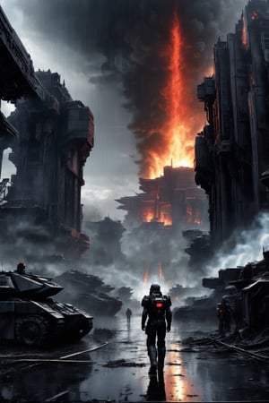 Realism, film shooting, ((((Raining heavily))), surreal doomsday world scenes, burning buildings, damaged mecha tanks, smoky cities, science fiction, blood and black,