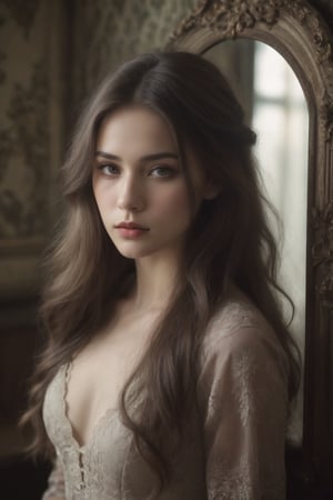 Beautiful female model with long hair, charming eyes, melancholy expression, close-up of upper body, real skin, aesthetic portrait. She is in a dimly lit room with vintage decor, featuring faded wallpaper and an old, ornate mirror. She is wearing a flowing, dark-colored dress with lace details, which enhances the melancholic atmosphere.
