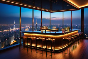 A high-end bar on a high building, overlooking the night scene outside, real, realistic,