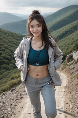 A girl of about 30 years old wearing a hooded sports coat, sports bra, tight sweatpants, and hiking shoes is climbing in a rugged mountain range, realistic light and shadow effects, smiling expression, sweat, looking at the audience, magnificent nature scenery,