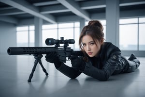 A sexy female killer lying on her stomach on the top floor of a modern technology building, holding a sniper rifle and looking into the distance, sniper pose,