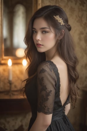 A poignant portrait: a beautiful female model with long hair cascading down her back, charming eyes dimmed by a hint of sorrow. Her upper body fills the frame, skin radiant in the soft, golden light. Faded wallpaper and an antique mirror create a vintage ambiance in the dimly lit room. She wears a flowing, dark dress adorned with lace, its intricacies accentuating the melancholy mood.