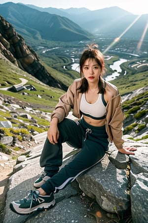 A girl about 30 years old, (sports jacket_sports bra_tight sweatpants_hiking shoes), climbing in rugged mountains, realistic light and shadow effects, sweat, looking at the audience, magnificent nature landscape,