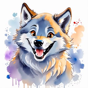 a cute wolf dog , smiling,watercolor, white background, Prafull Sawant