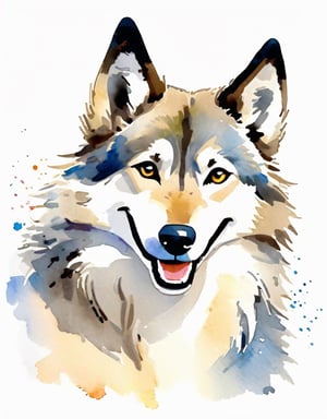 a  wolfdog , smiling,watercolor, white background,(full_body:1,8)