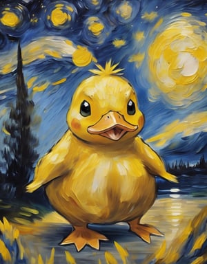 v0ng44g, p0rtr14t, soft blurry oil painting portriat of a close up shot of a (((Pokemon's Psyduck by van Gogh))), starry night backdrop heavy brush strokes, by van Gogh,Pokemon's Psyduck,cute Psyduck
