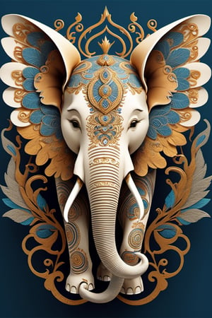 Create an image of a mascot that draws inspiration from a biomechanical elephant, featuring a fusion of organic and metallic components, with wings that emit mesmerizing fractal designs. Bright background, Elegant, sophisticated, intricate line work, ornate details, muted color scheme. Art and mathematics fusion, hyper detailed, trending at artstation, sharp focus, studio photography, intricate detail, highly detailed, centered, perfect symmetrical, plain design.,chinese ink drawing,tshirt design