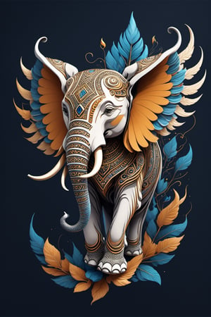 Create an image of a mascot that draws inspiration from a biomechanical elephant, featuring a fusion of organic and metallic components, with wings that emit mesmerizing fractal designs. Bright background, Elegant, sophisticated, intricate line work, ornate details, muted color scheme. Art and mathematics fusion, hyper detailed, trending at artstation, sharp focus, studio photography, intricate detail, highly detailed, centered, perfect symmetrical, plain design,Leonardo Style