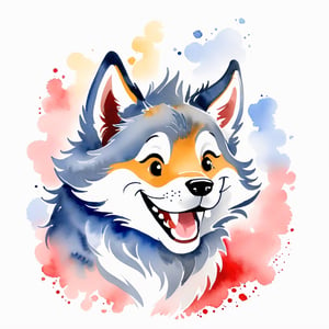 a cute wolf dog , smiling,watercolor, white background, Prafull Sawant