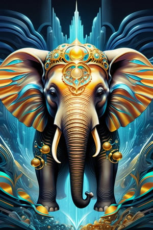 Create an image of a mascot that draws inspiration from a biomechanical elephant, featuring a fusion of organic and metallic components, with wings that emit mesmerizing fractal designs. Bright background, Elegant, sophisticated, intricate line work, ornate details, muted color scheme. Art and mathematics fusion, hyper detailed, trending at artstation, sharp focus, studio photography, intricate detail, highly detailed, centered, perfect symmetrical, plain design,Leonardo Style,DonMChr0m4t3rr4XL ,DonML1quidG0ldXL 