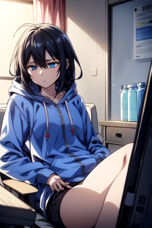 Tired hikki girl, open hoodie, sexy, tiny_breasts, tired, sleepy, messy black hair, blue eyes, gamer room, dark, high,spritehex,1 girl