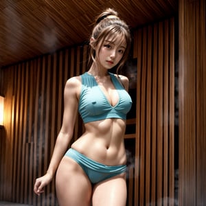 ((1 girl)), vest, hot pants, sauna, high resolution, masterpiece, best quality, 8K raw photo, realistic, slim, flat chest, cameltoe, hyper extreme detailed body, shiny skin, sweat, thighs open, Panties to side, perfect pussy