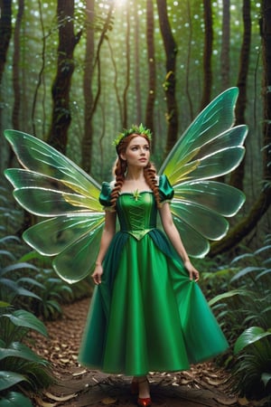 The girl noble wizard of Oz, has beautiful green elf wings and flies and shuttles in the magical forest.