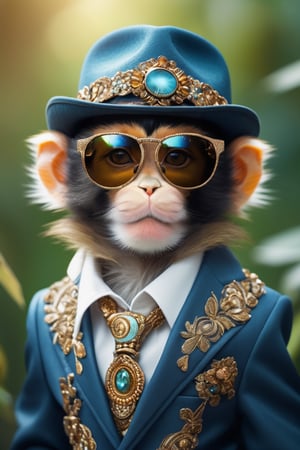 cute monkey dressed in a stylish outfit, complete with a pair of fashionable sunglasses. trail cam footage, photorealistic, hyperornate details, photographed by Irakli Nadar and Reylia Slaby, bokeh, particuls, ultra detail

