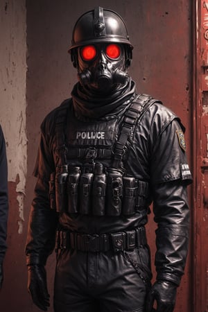 Score_9, Score_8_up, Score_7_up, volumetric_lighting, captivating,  waist-up_portrait, grbtw artstyle, faceless_man, standing_in_a_doorframe, (police), (((helmet_with_gasmask))), (modern_black_armor, red_lenses, red_glow, kevlar, stylized, cinematic_scene, thriller_theme), darkness, desolate_interior, solo, retro_anime, british