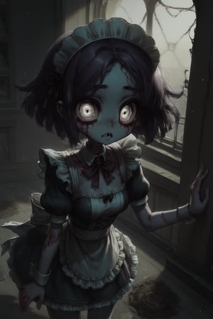 Score_9, Score_8_up, Score_7_up, volumetric_lighting, chiaroscuro_lighting, shaders, by: canaryprimary, 1girl, high_angle, solo, intricate, ((detailed, dynamic, zombie-girl, inviting)), (maid_outfit, empty_eyes, atmospheric, moonlight, detailed_eyes, detailed_expression), light_particles, collar, dark_interior, soft_light, stylized, 