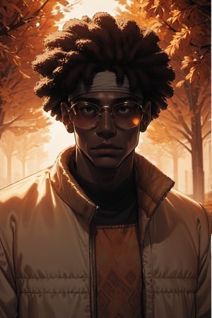 Score_9, Score_8_up, Score_7_up, volumetric_lighting, chiaroscuro_lighting, shaders, by: krekk0v, by: teckworks, by: pixelsketcher, by: minus8, solo, 1boy, portrait, shades, autumn, dusk, (source_comic, african, ebony), black_afro_hair, dark_theme, atmospheric, bomber_jacket, headband, stoic