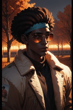 Score_9, Score_8_up, Score_7_up, volumetric_lighting, chiaroscuro_lighting, shaders, by: krekk0v, by: teckworks, by: pixelsketcher, by: minus8, solo, 1boy, portrait, shades, autumn, dusk, (source_comic, african, ebony), black_afro_hair, dark_theme, atmospheric, bomber_jacket, headband, stoic