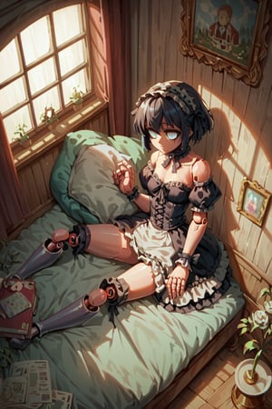 Score_9, Score_8_up, Score_7_up, volumetric_lighting, chiaroscuro_lighting, portrait, 1girl, gothic_lolita, doll_joints, expresionless, stylized_empty_eyes, dark_room_scenery, petite, laying_on_coach