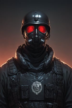 Score_9, Score_8_up, Score_7_up, volumetric_lighting, captivating,  waist-up_portrait, grbtw artstyle, faceless_man, agent, police, (((helmet_with_gasmask))), (black_armor, red_lenses, red_glow, kevlar, stylized, cinematic_scene, thriller_theme), night, desolate_station_interior, solo, winter, retro_anime, british