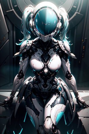 (masterpiece, best quality, volumetric lighting, absurdres, 8k, chiaroscuro lighting, Saturated_colors, intricately_detailed), robot, (twintails, faceless, 1_girl, neotech, cyan_neon_trim, slick, helmet_with_blue_visor, white_metal_body), yareli, 