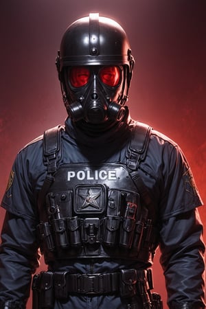 Score_9, Score_8_up, Score_7_up, volumetric_lighting, captivating,  waist-up_portrait, grbtw artstyle, faceless_man, police, (((helmet_with_gasmask))), (modern_black_armor, red_lenses, red_glow, kevlar, stylized, cinematic_scene, thriller_theme, standing_in_a_doorframe, raising_a_hand), darkness, solo,  desolate_station_interior, retro_anime, british