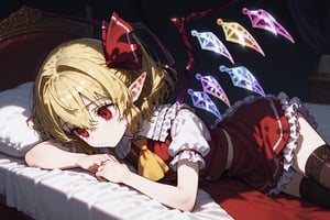 Score9, Score8up, Score7up, volumetric_lighting, chiaroscuro_lighting, shaders, high_angle, 1girl, (Flandre_Scarlet, petite), solo, blonde_hair, red_eyes, empty_eyes, sidelong_glance, melancholic, subtle_bandages, laying_on_bed, red_vest, frilled_skirt, white_shirt, yellow_ascot_tie black_laced_thigh-highs, pointy_ears, flat_chest, dark_room