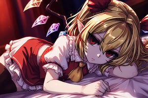 Score9, Score8up, Score7up, volumetric_lighting, chiaroscuro_lighting, shaders, by: vksuika, by: 0r0ch1,  by: dimwitdog, vibrant, 1girl, high_angle, (Flandre_Scarlet, petite, dramatic), solo, blonde_hair, red_eyes, empty_eyes, sidelong_glance, melancholic, subtle_bandages, laying_on_bed, red_vest, frilled_skirt, white_shirt, yellow_ascot_tie black_laced_thigh-highs, pointy_ears, flat_chest