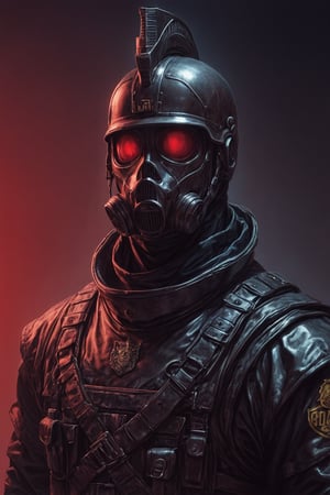 Score_9, Score_8_up, Score_7_up, volumetric_lighting, captivating,  waist-up_portrait, grbtw artstyle, faceless_man, corporate_police, (((helmet_with_gasmask))), (black_armor, red_lenses, red_glow, kevlar, stylized, cinematic_scene, thriller_theme), night, desolate_station_interior, solo, winter, retro_anime, british