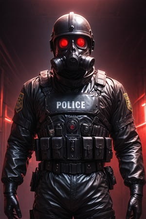 Score_9, Score_8_up, Score_7_up, volumetric_lighting, captivating,  waist-up_portrait, grbtw artstyle, faceless_man, police, (((helmet_with_gasmask))), (modern_black_armor, red_lenses, red_glow, kevlar, stylized, cinematic_scene, thriller_theme, standing_in_a_doorframe, raising_a_hand), solo,  darkness, desolate_station_interior, retro_anime, british