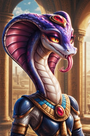 Score_9, Score_8_up, Score_7_up, hi-res, high_resolution, volumetric_lighting, chiaroscuro_lighting, vibrant, portrait, ((naga)), snake, scalie, (egyptian, sly), slim_waist, flat_chest, ((expressive,  thick_eyelashes, detailed_expression, teasing)), tongue_out, claws, by; minus8, by: teckworks, by: 0r0ch1, by: dimwitdog, 1girl, armor, jewelry, interior, intricate