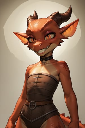 Score_9, Score_8_up, Score_7_up, volumetric_lighting, chiaroscuro_lighting, Saturated_colors, 1girl, kobold, scalie, intense_stare, scalie, grin, smug, (tattered_outfit), choker, expressive_eyes, shortstack, skinny, (fantasy_vista_background), flat_chest, (realistic), extremely_detailed