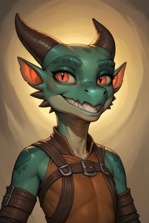 Score_9, Score_8_up, Score_7_up, volumetric_lighting, chiaroscuro_lighting, Saturated_colors, 1girl, kobold, scalie, intense_stare, scalie, grin, smug, (tattered_outfit), expressive_eyes, skinny, (fantasy_vista_background), flat_chest, (realistic), extremely_detailed