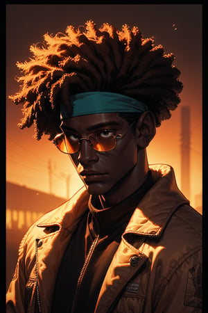 Score_9, Score_8_up, Score_7_up, volumetric_lighting, chiaroscuro_lighting, shaders, by: krekk0v, by: teckworks, by: pixelsketcher, by: minus8, solo, 1boy, portrait, shades, autumn, dusk, (source_comic, african, ebony), black_afro_hair, dark_theme, atmospheric, bomber_jacket, headband, stoic