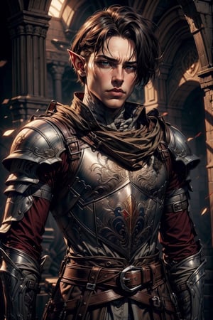 (masterpiece, best quality, extremely detailed, intricately detailed, photo-realistic, absurdres, elf, pale, 1_boy), chiaroscuro lighting, ray tracing, polished, high resolution, volumetric lightning, ((red accents, maroon attachments, steel cuirass with bandolier)), tired eyes, eyeshadow, frowning handsome face, perfect hands,  More Detail,feitan,Levi Ackerman,medieval armor