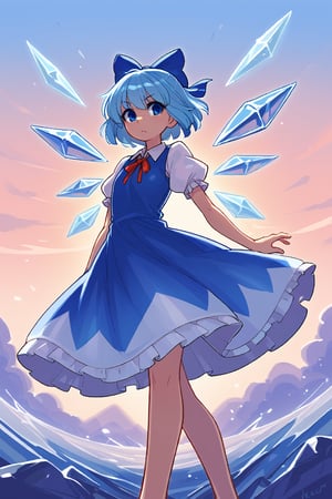 Score9, Score8up, Score7up, dramatic_lighting, shaders, 1girl, by: krekk0v, by: teckworks, by: dimwitdog, by: pixelsketcher, by: minus8, low_angle, (Cirno, petite), clear_sky,  wings, blue_eyes, dress, bow, ice_wings, blue_hair, ice, blue_dress, short_sleeves, blue_bow, short_hair, hair_bow, puffy_sleeves, red_ribbon, flat_chest, wind