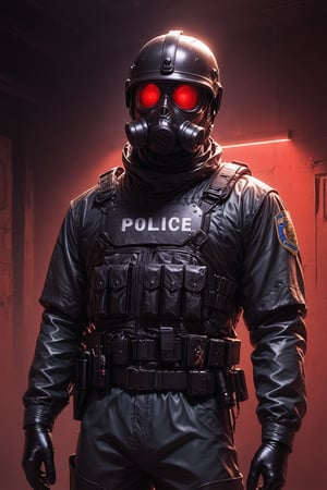 Score_9, Score_8_up, Score_7_up, volumetric_lighting, captivating,  waist-up_portrait, grbtw artstyle, faceless_man, police, (((helmet_with_gasmask))), (modern_black_armor, red_lenses, red_glow, kevlar, stylized, cinematic_scene, thriller_theme, standing_in_a_doorframe, raising_a_hand), darkness, solo,  desolate_station_interior, retro_anime, british