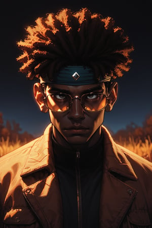 Score_9, Score_8_up, Score_7_up, volumetric_lighting, chiaroscuro_lighting, shaders, by: krekk0v, by: teckworks, by: pixelsketcher, by: minus8, solo, 1boy, portrait, shades, autumn, dusk, (source_comic, african, ebony), black_afro_hair, dark_theme, atmospheric, bomber_jacket, headband, stoic